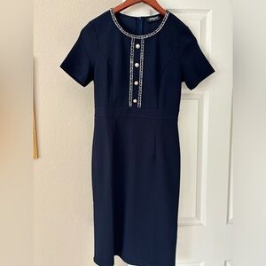 Navy sheath dress with pearl/gold accents size small